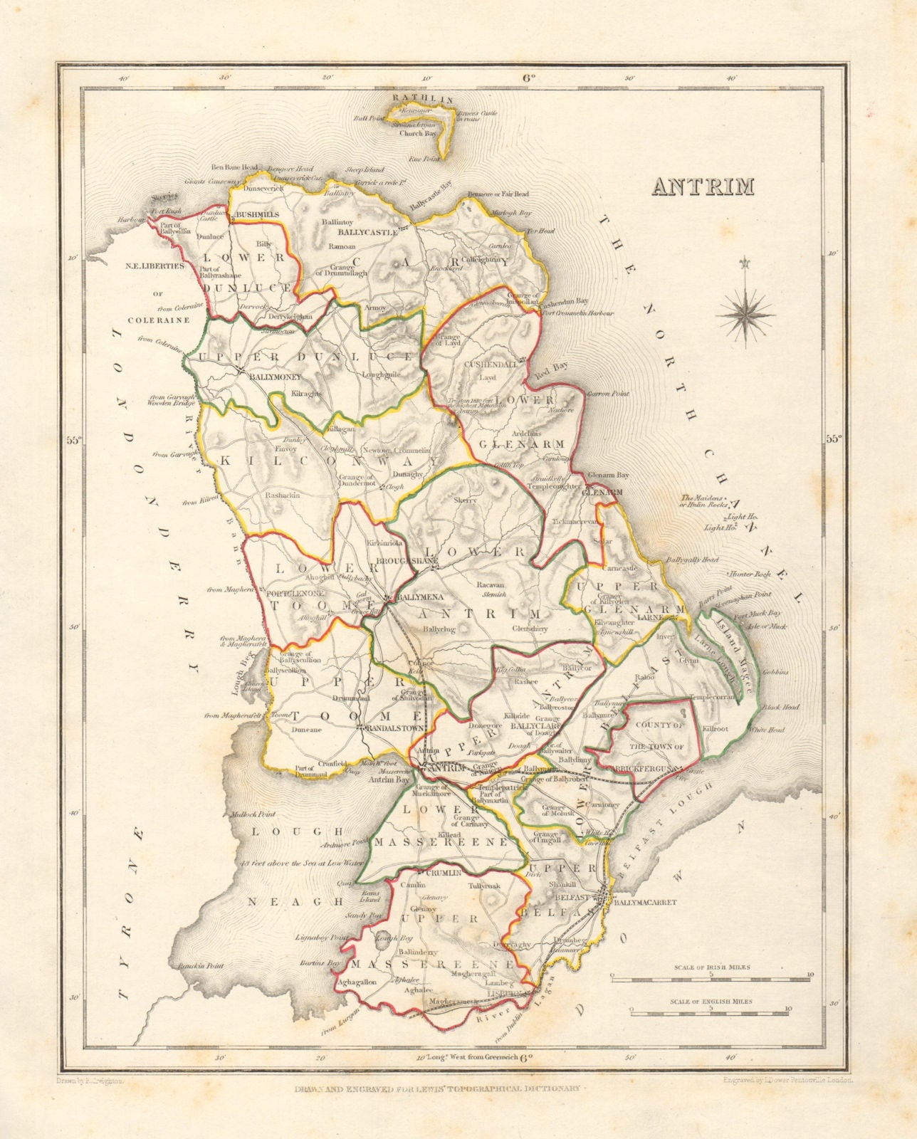 COUNTY ANTRIM antique map for LEWIS by DOWER & CREIGHTON. Ulster 1846 old